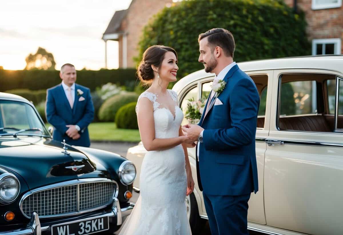A couple stands outside a wedding venue, discussing transportation options. A vintage car is parked nearby, with the driver waiting to assist