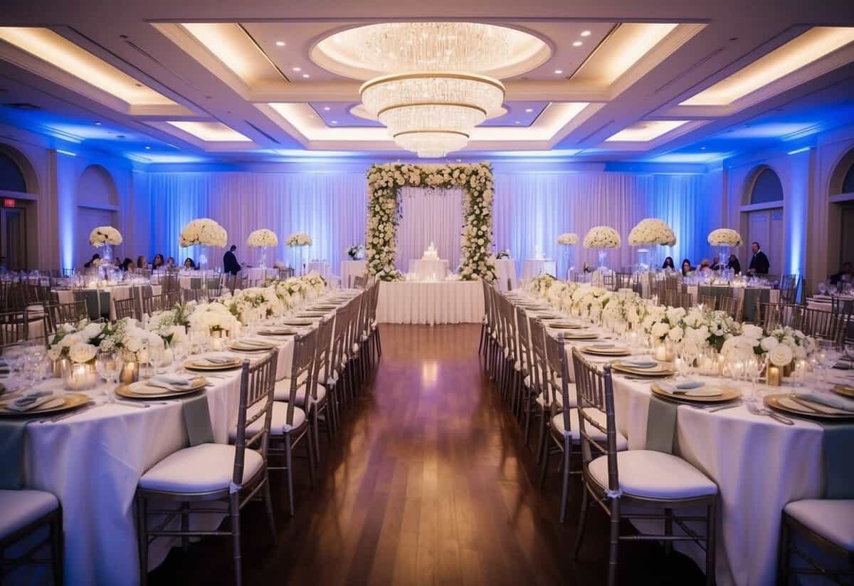 A grand wedding venue with elegant decor and seating for 2000 guests