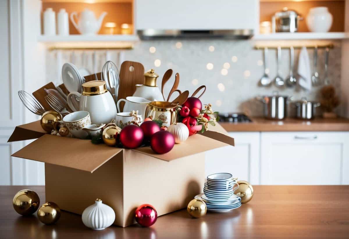 A beautifully wrapped gift box overflowing with elegant kitchenware and luxurious home decor
