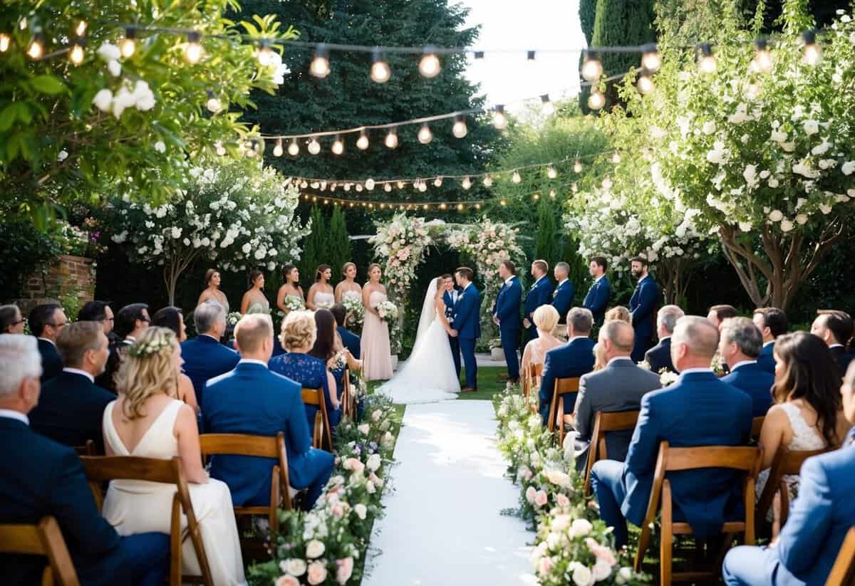 A small wedding: an intimate outdoor ceremony with 200 guests seated in a lush garden surrounded by twinkling lights and blooming flowers
