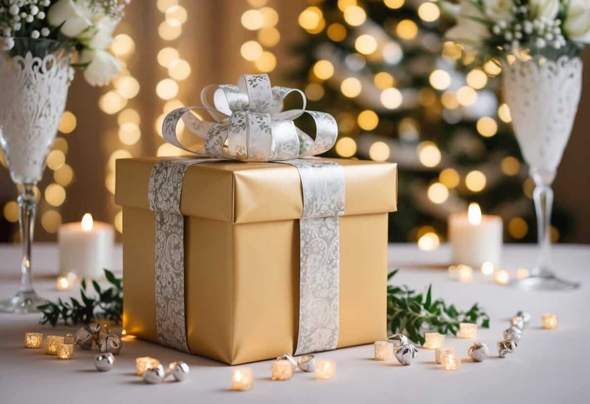 A beautifully wrapped gift box surrounded by elegant wedding decor and a festive atmosphere, symbolizing a generous wedding gift