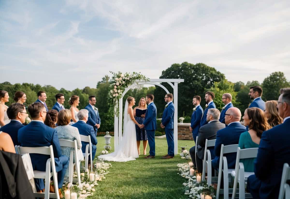 A cozy outdoor ceremony with a simple arch, surrounded by a few close friends and family, with a small reception area nearby