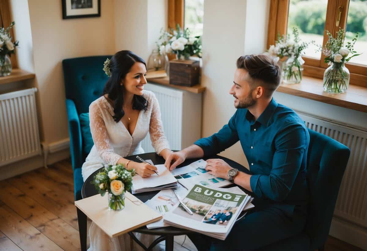 A couple sits at a small table, surrounded by intimate decor. A budget planner and wedding magazines are scattered across the table as they discuss their wedding plans