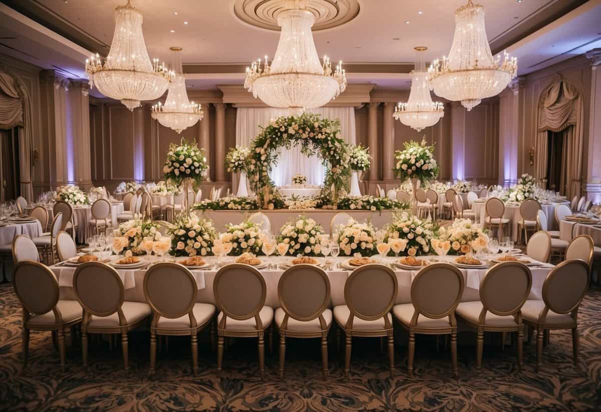 A lavish wedding venue with opulent decorations and a grand banquet table filled with expensive floral arrangements and decadent cuisine