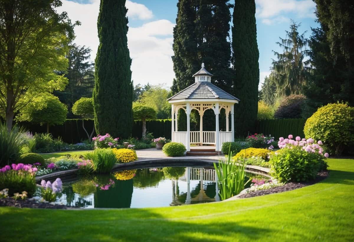 A cozy garden with a gazebo and blooming flowers, surrounded by tall trees and a serene pond