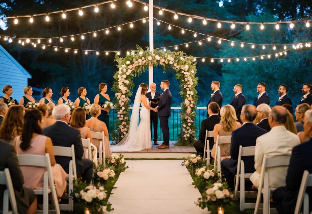 A cozy outdoor ceremony with twinkling lights, a floral arch, and intimate seating for 20 guests