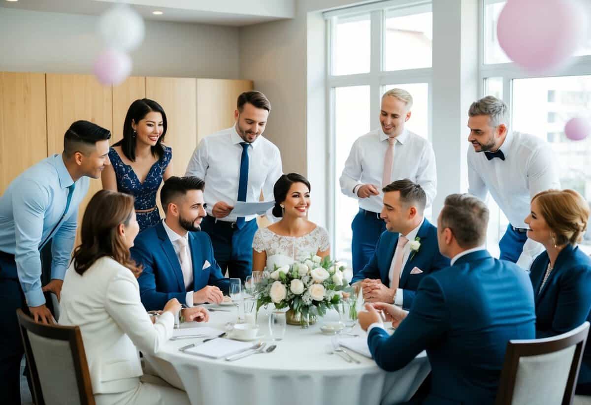 A couple and their families gather around a table with wedding planners, discussing and negotiating the costs of various pre-wedding events