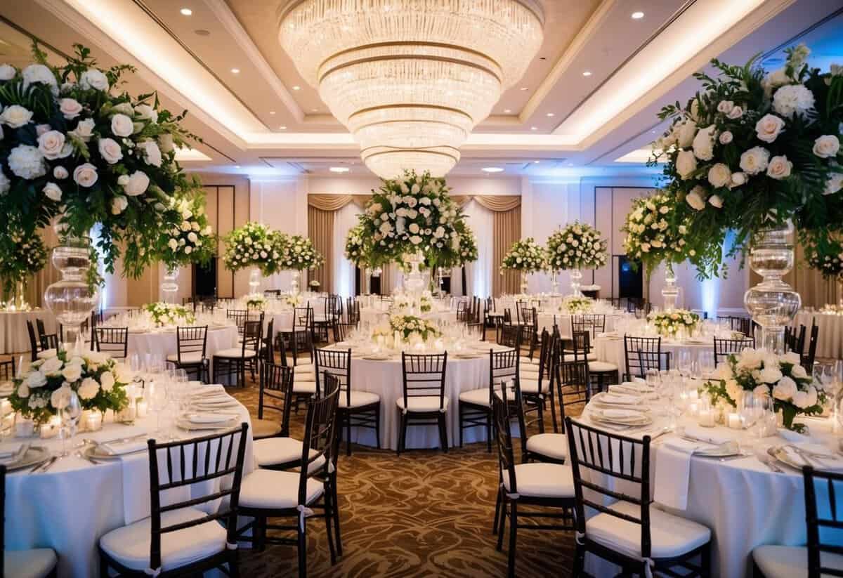A lavish wedding venue with a grand banquet set up, surrounded by expensive floral arrangements and elegant decorations