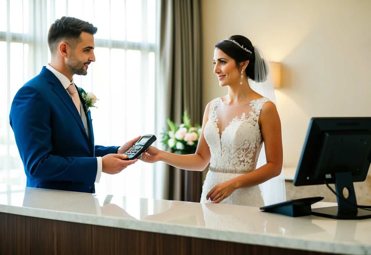 A bride and groom stand at a hotel reception desk, discussing payment for their wedding. The hotel staff member is holding a payment terminal