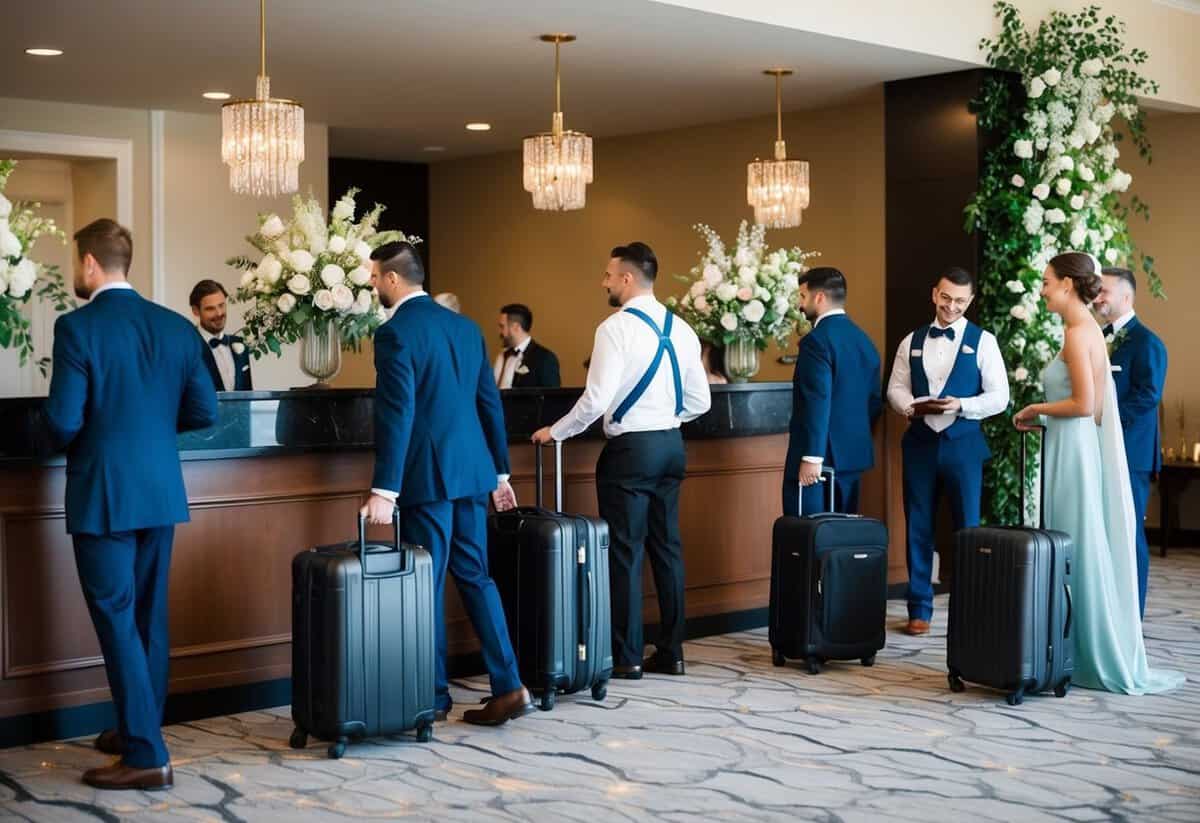 Guests check in at hotel reception, surrounded by elegant wedding decor. Staff assist with luggage and provide information on complimentary and paid accommodations