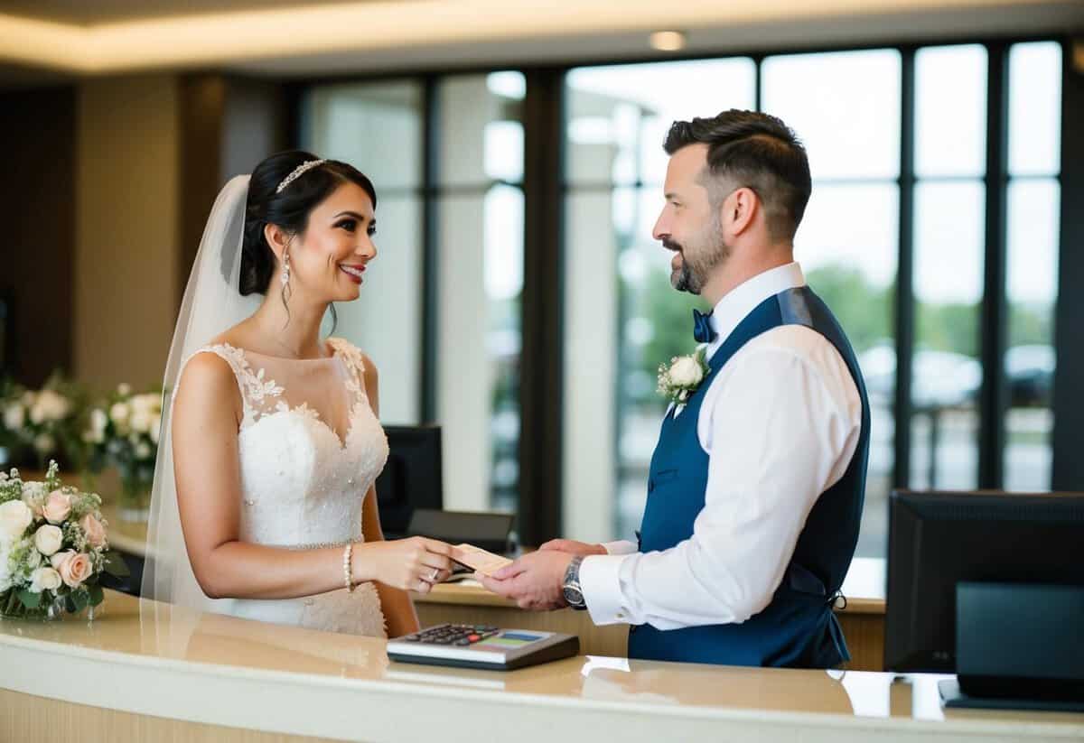 A bride and groom at a hotel reception desk, discussing payment for their wedding guests' accommodations