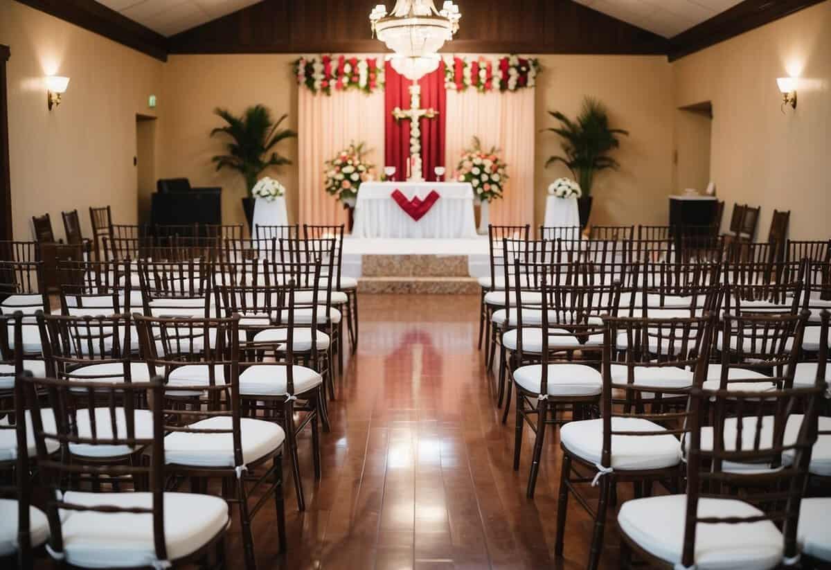 A traditional wedding venue with rows of empty chairs and a beautifully decorated altar