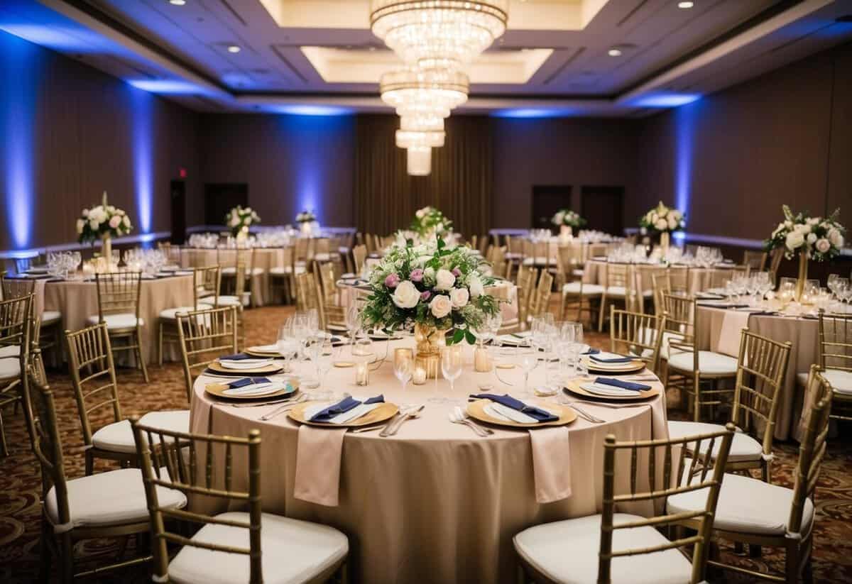 A beautifully decorated banquet hall with tables set for 40 guests, adorned with floral centerpieces and elegant place settings
