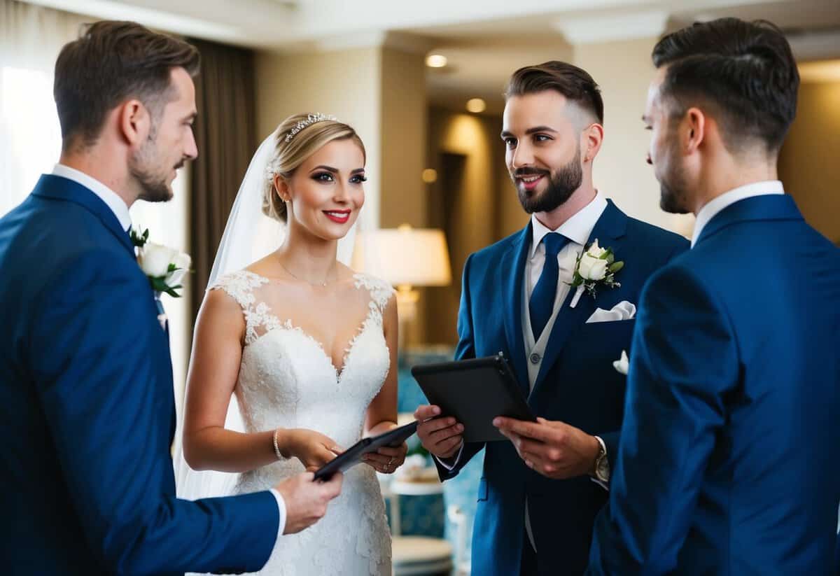 A bride and groom discussing payment with hotel staff for their wedding