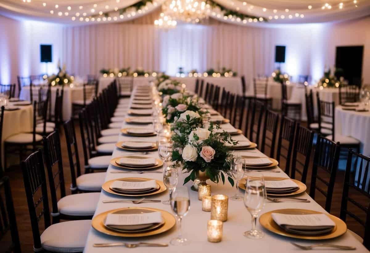 A cozy, intimate wedding reception with a long banquet table set with elegant place settings, floral centerpieces, and soft lighting