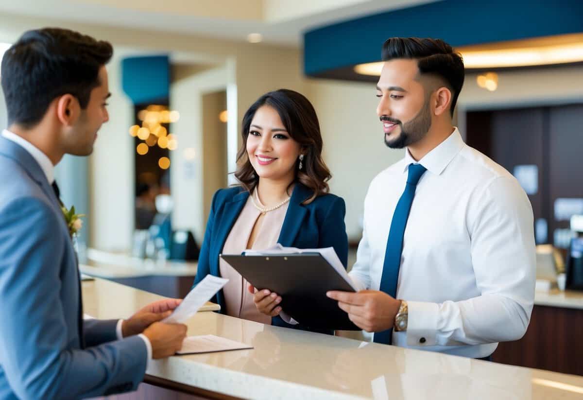 A couple at a hotel reception desk, discussing payment for a wedding event. The receptionist is holding a folder with paperwork