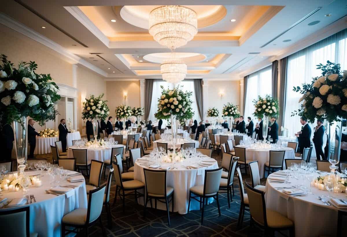 A wedding venue with tables set for a large number of guests, surrounded by elegant decorations and floral arrangements