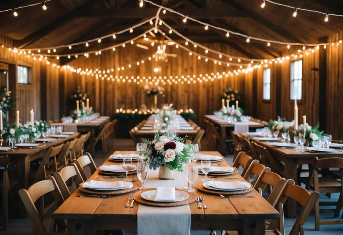 A cozy, rustic venue with string lights and wooden tables set for 40 guests. The space is adorned with floral centerpieces and elegant decor