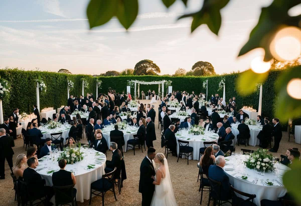 A bustling wedding venue with tables set for a large gathering, surrounded by greenery and elegant decor