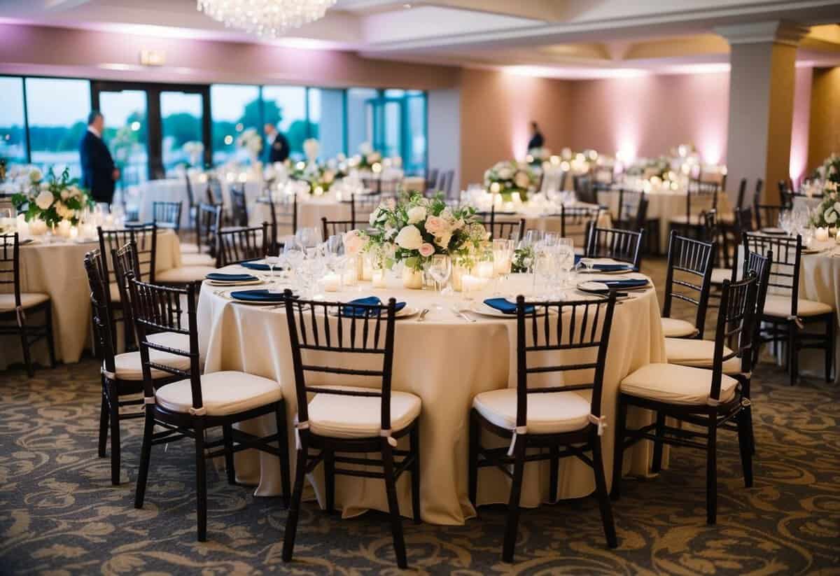 A beautifully set table with elegant place settings and floral centerpieces, surrounded by 40 chairs, awaits the arrival of guests for a wedding reception