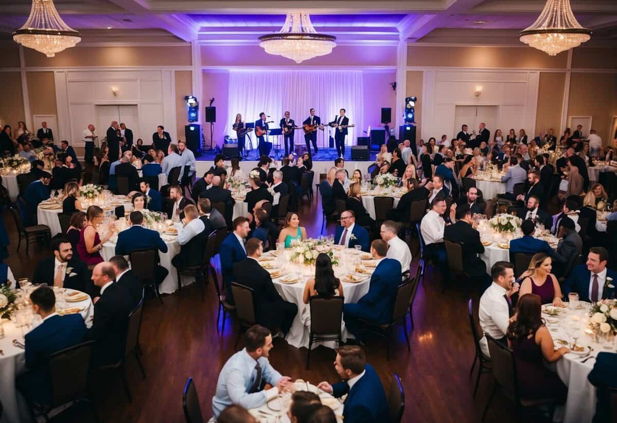 A crowded wedding reception with tables and chairs filled with guests, a dance floor, and a band playing music in the background