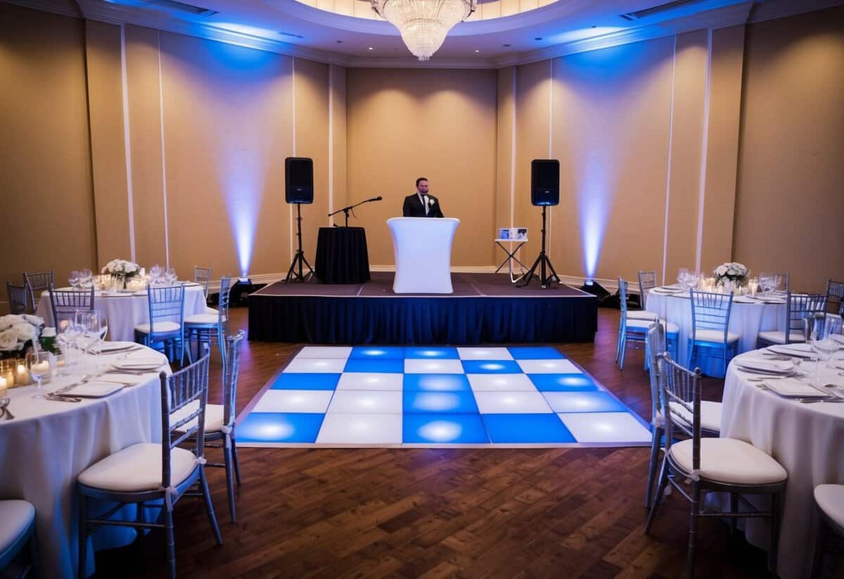 A wedding reception with a small stage for live music, a dance floor, and a photo booth surrounded by tables set for 40 guests