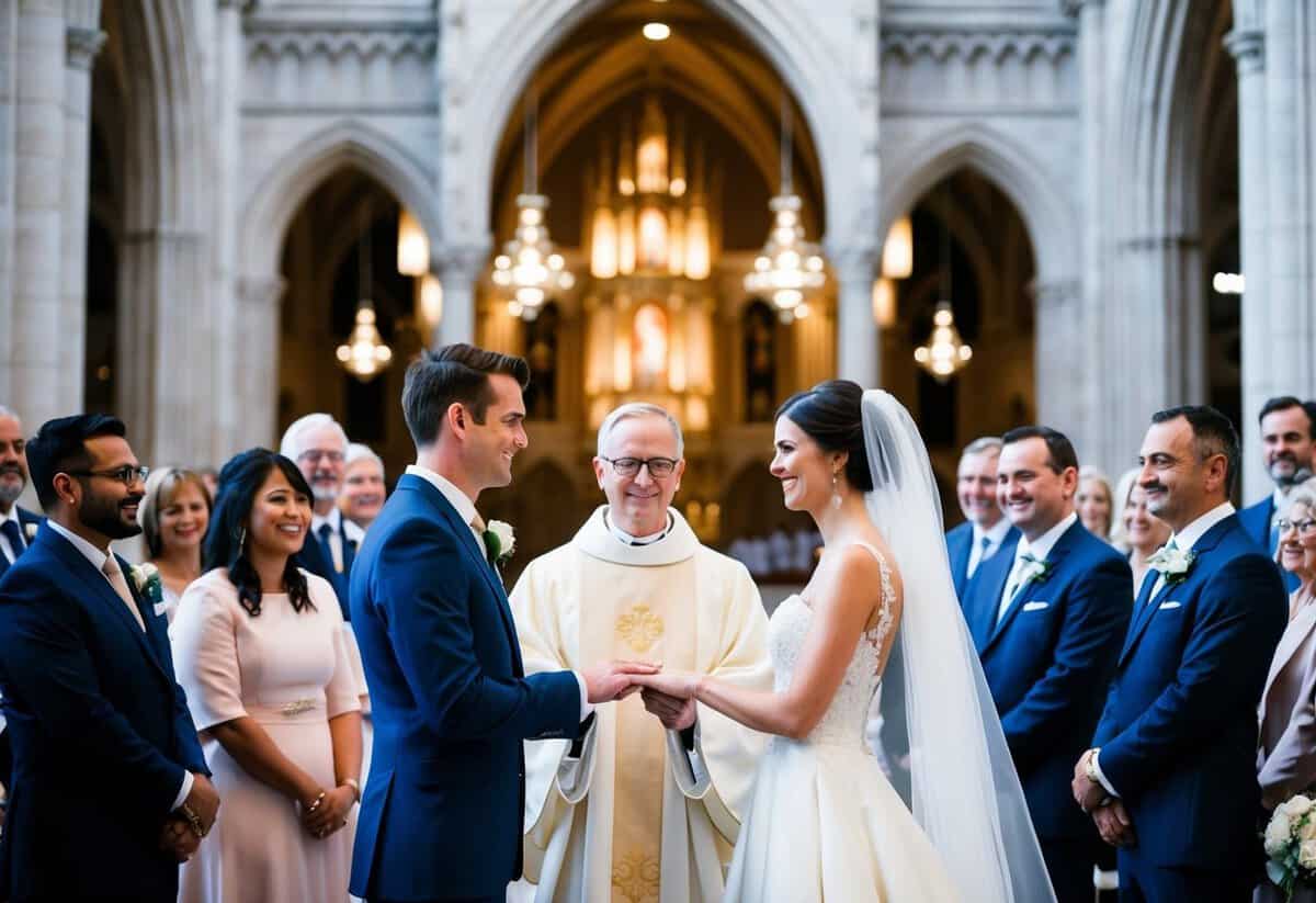 A bride and groom standing in front of a grand cathedral, surrounded by family and friends. A priest officiates the ceremony as the couple exchanges vows