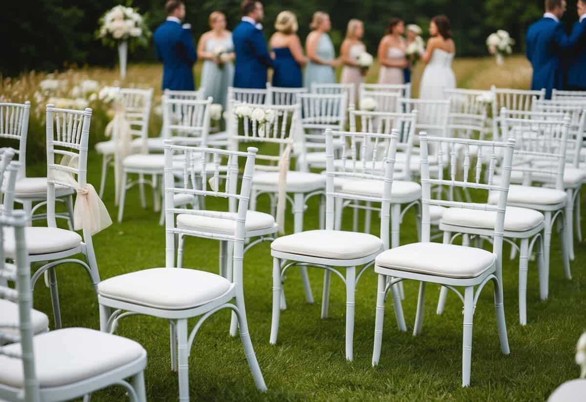A group of chairs, some empty and some occupied, at a wedding ceremony