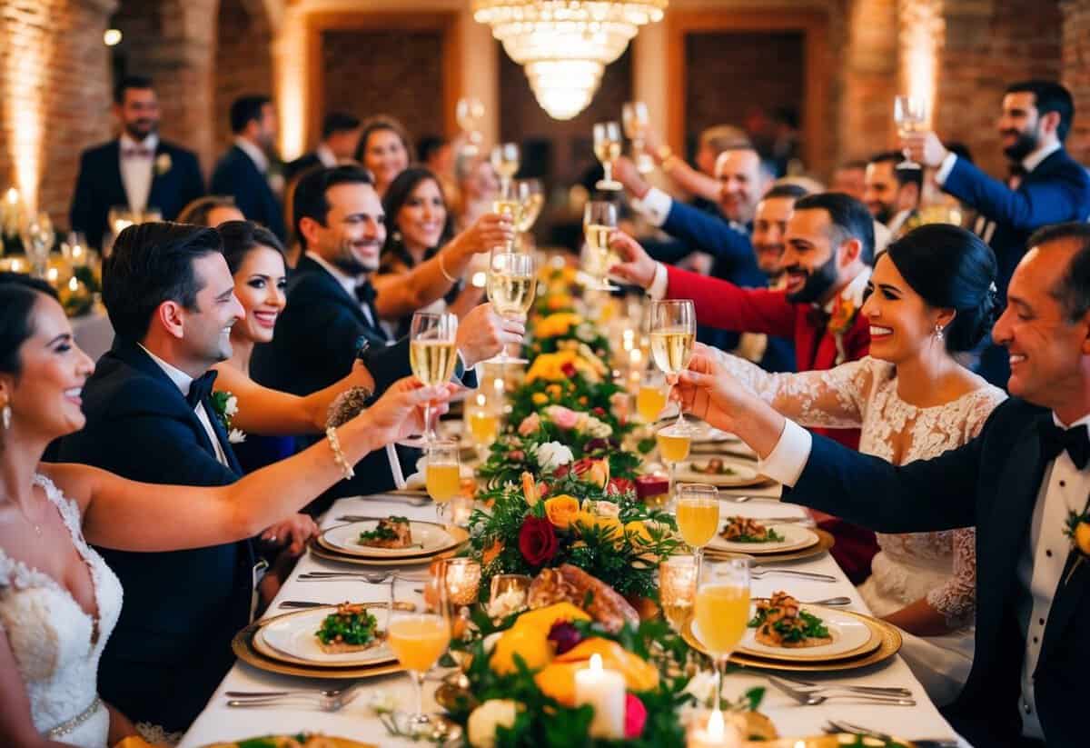 A festive wedding banquet with traditional Spanish decor and cuisine, featuring a richly adorned table and lively guests raising their glasses in celebration