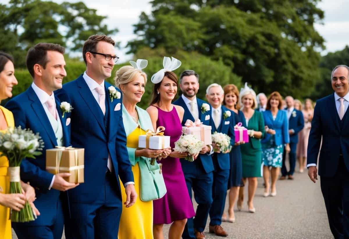A wedding invitation with a line of guests arriving, some with gifts, others with smiles and congratulations