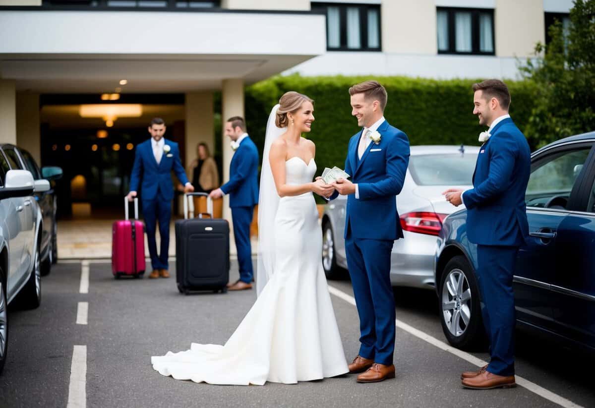 A bride and groom stand in front of a hotel, exchanging money with hotel staff. Nearby, guests unload luggage from cars