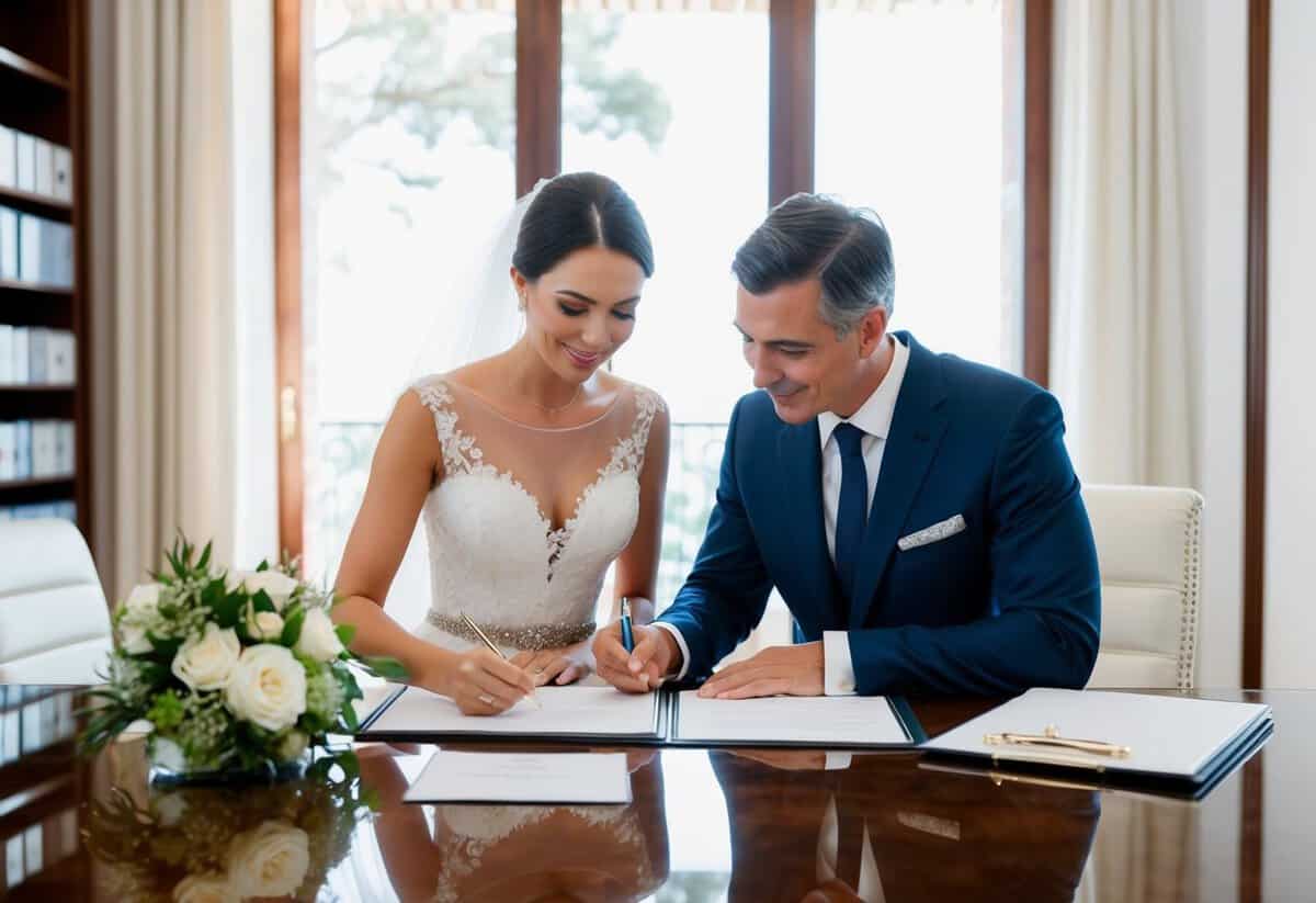 A wealthy couple signing a contract with a wedding planner in a luxurious office in Spain