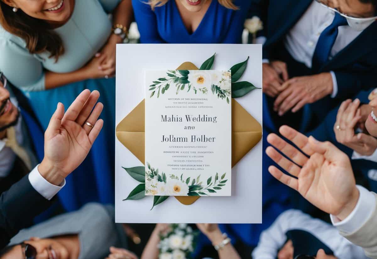 A wedding invitation surrounded by a mix of happy and busy people, with a few guests arriving and others declining