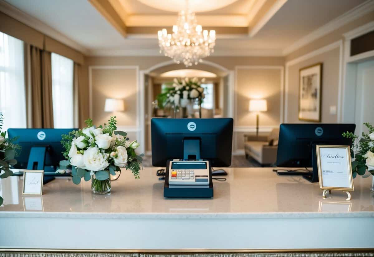 A group of elegant hotel rooms with wedding decor and a payment transaction at the front desk