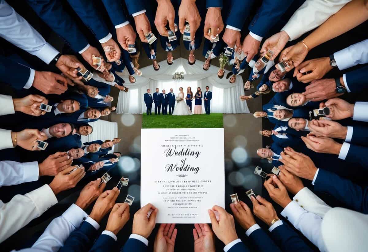 A wedding invitation surrounded by a group of people, with a smaller group of people standing inside a wedding venue, representing the percentage of invited guests who attend