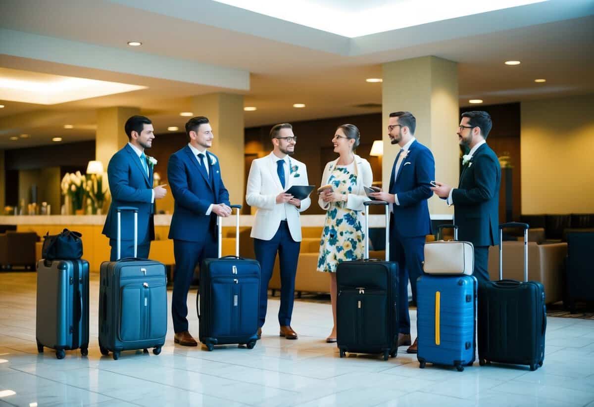 A group of people discussing wedding logistics in a hotel lobby, with suitcases and travel bags scattered around them