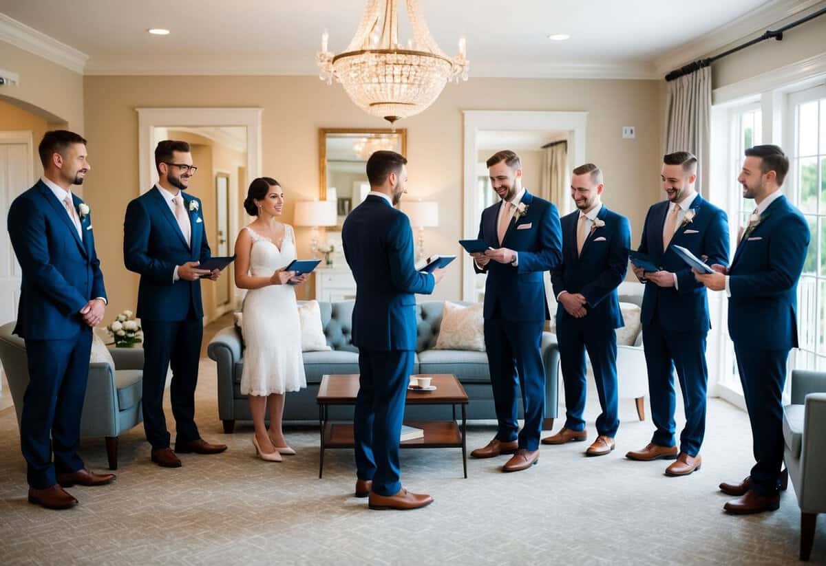 The wedding party discusses hotel payments in a cozy, sunlit room with elegant decor and comfortable seating