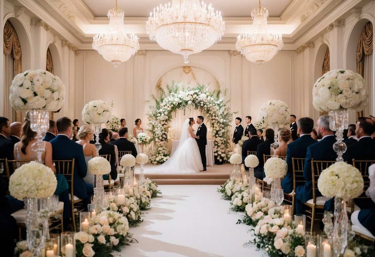 A lavish wedding ceremony in a grand ballroom with opulent floral arrangements, elegant chandeliers, and extravagant decor