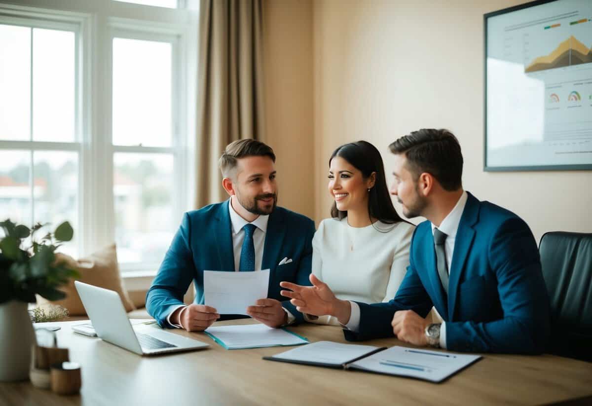A couple discussing wedding budget with a financial planner in a cozy office setting