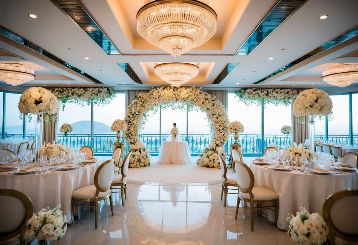 A lavish wedding set in a luxurious, opulent venue with extravagant decorations and a stunning view, indicating the most expensive day for a wedding