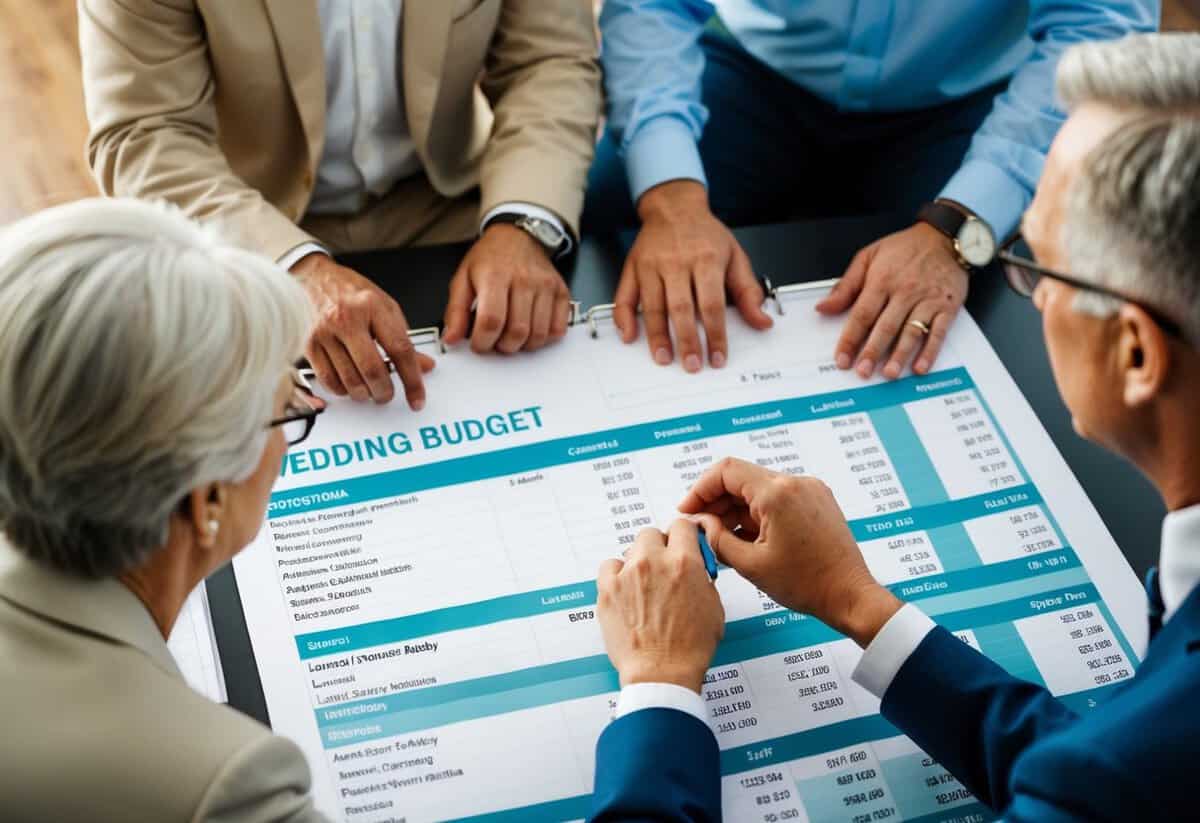 A wedding budget spreadsheet with categories and numbers, surrounded by parents discussing financial contributions