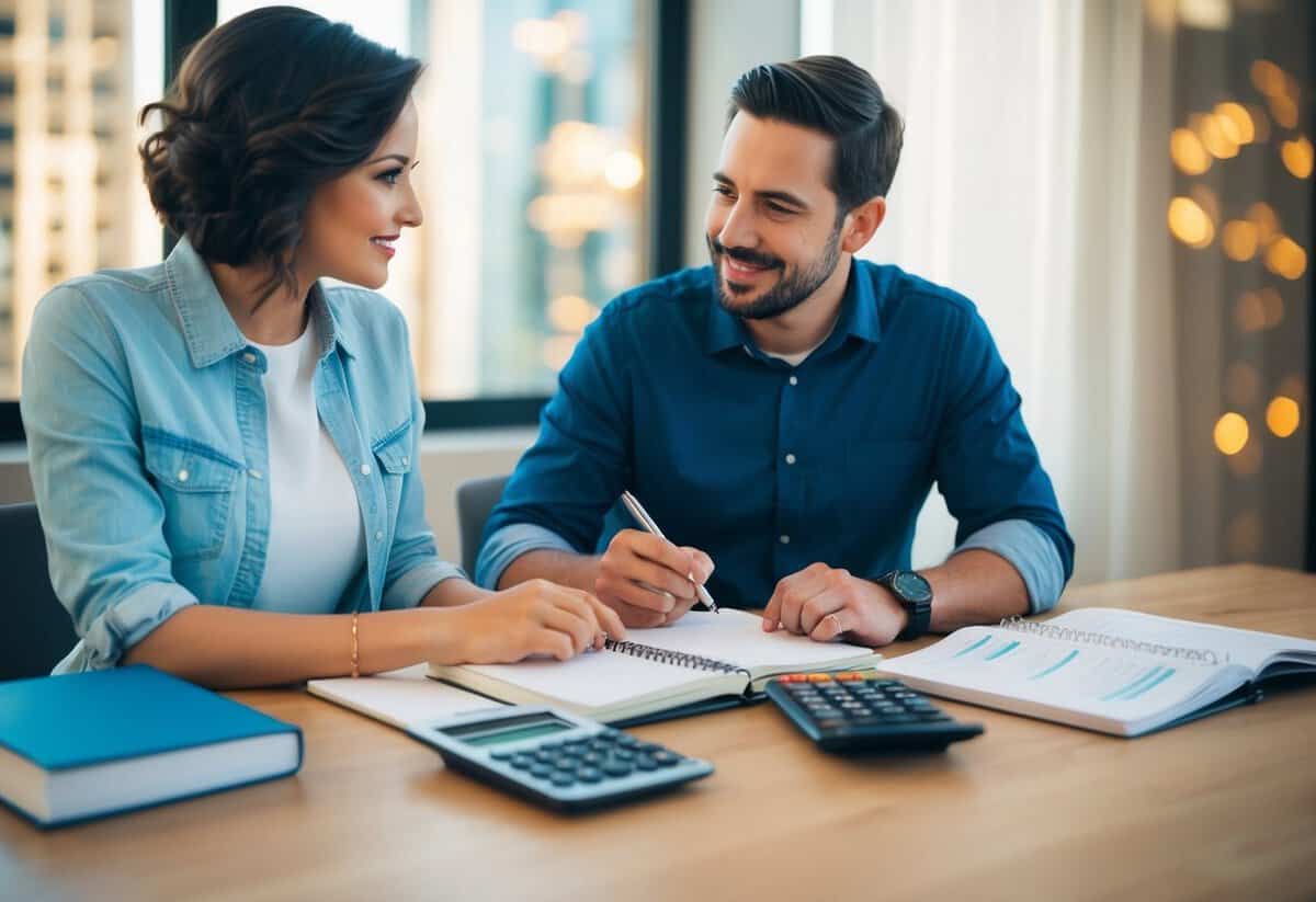 A couple sitting at a table with a notebook and calculator, discussing wedding expenses and budgeting