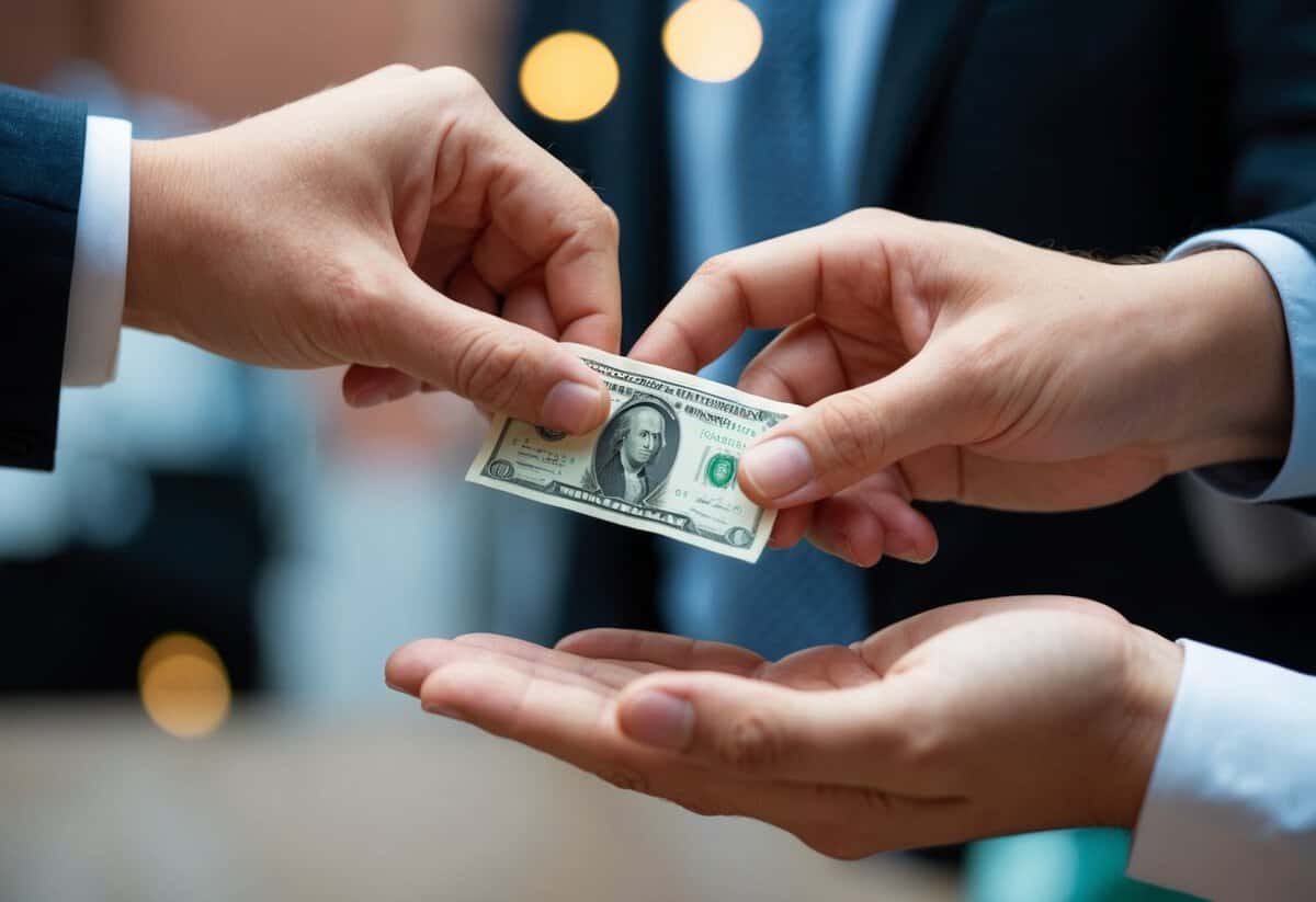 A pair of hands holding a small envelope with money inside, being handed to another pair of hands