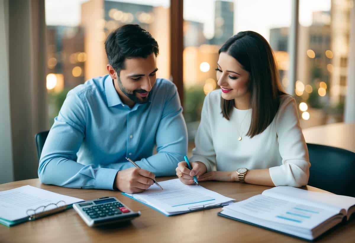 A couple sitting at a table, discussing finances and writing notes. A calculator, budget papers, and a wedding planner book are on the table