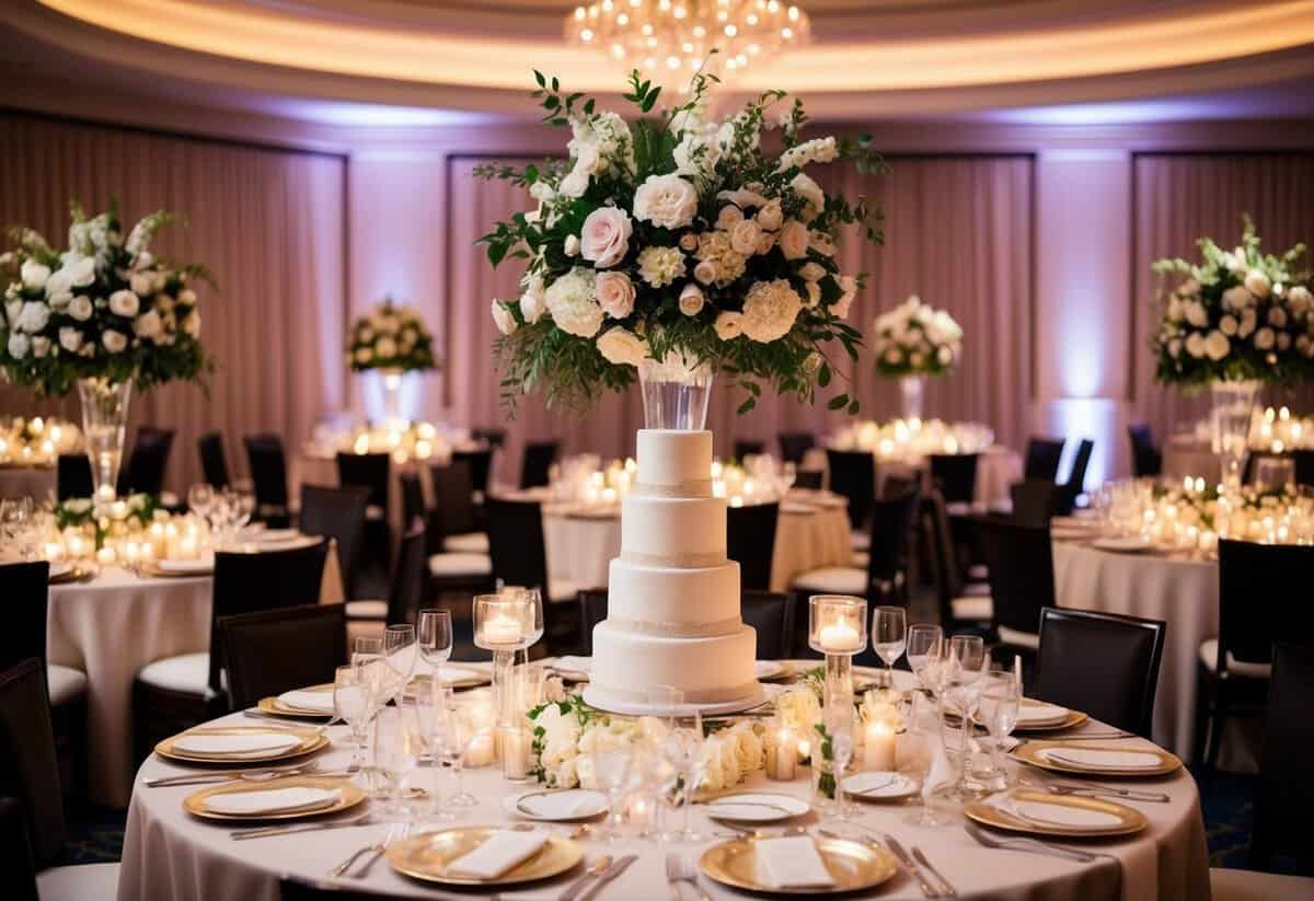 A lavish wedding reception with a grand floral centerpiece on each table, an elegant tiered wedding cake, and a luxurious banquet spread