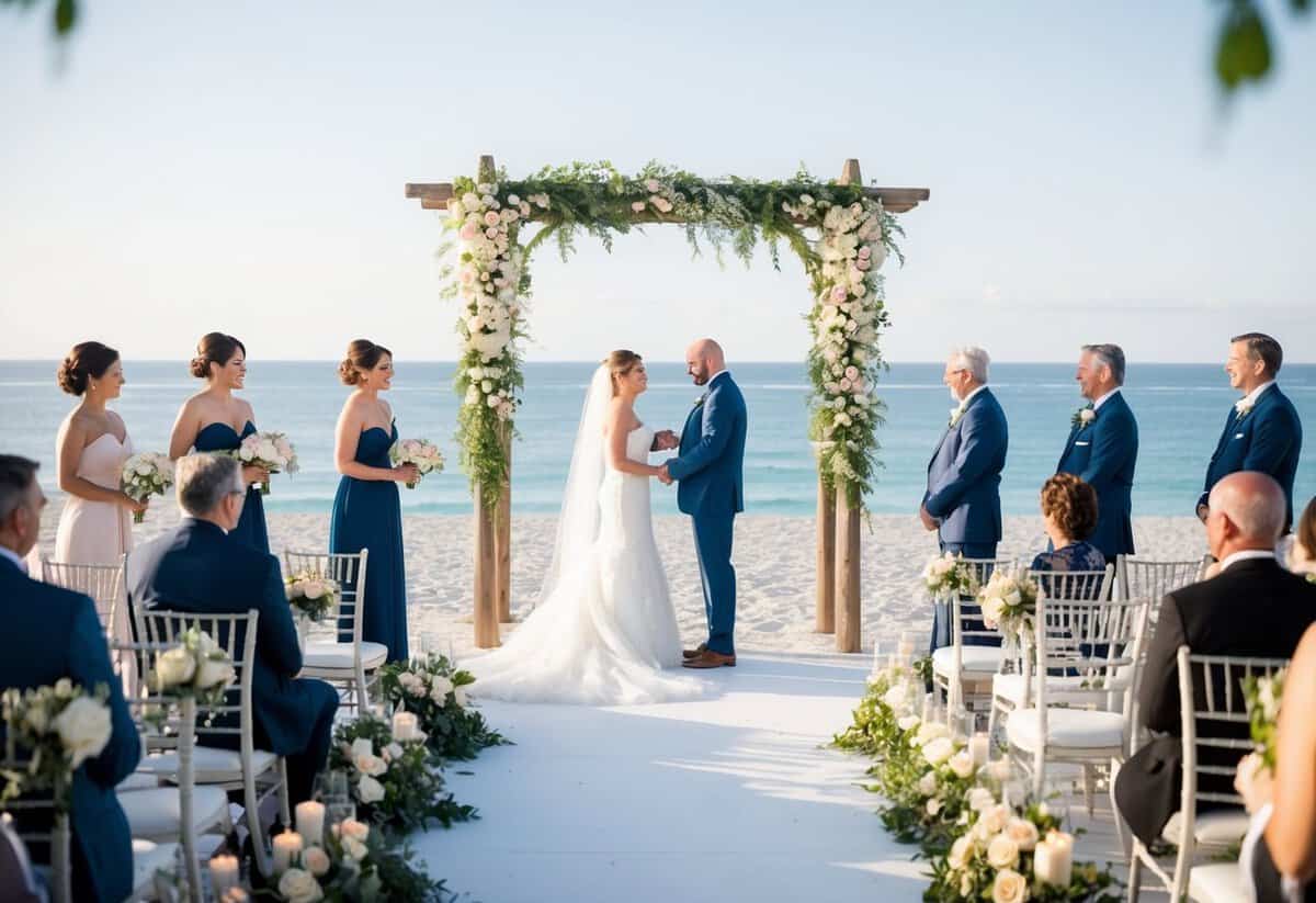 The bride's family pays for the picturesque beachfront venue, adorned with elegant decorations and a stunning view of the ocean