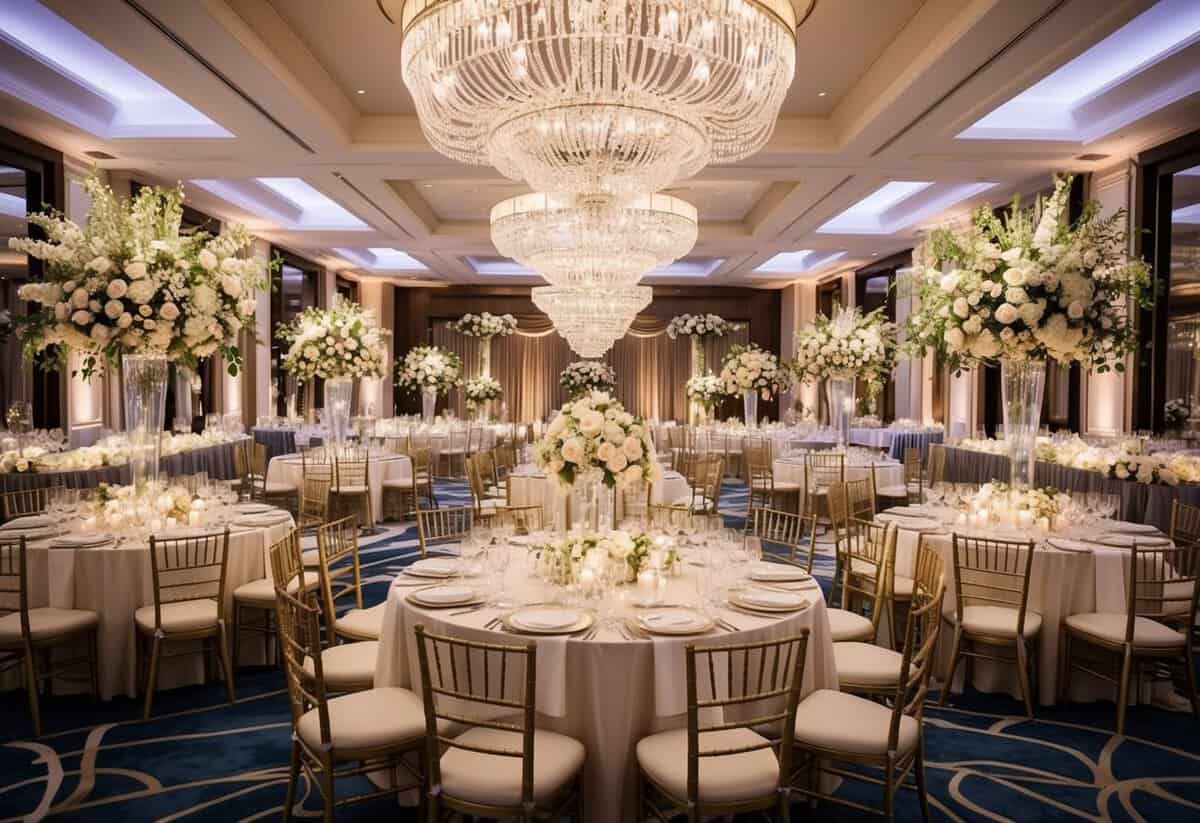 A lavish wedding venue with elegant decorations and a grand banquet set up, surrounded by luxurious floral arrangements and sparkling chandeliers