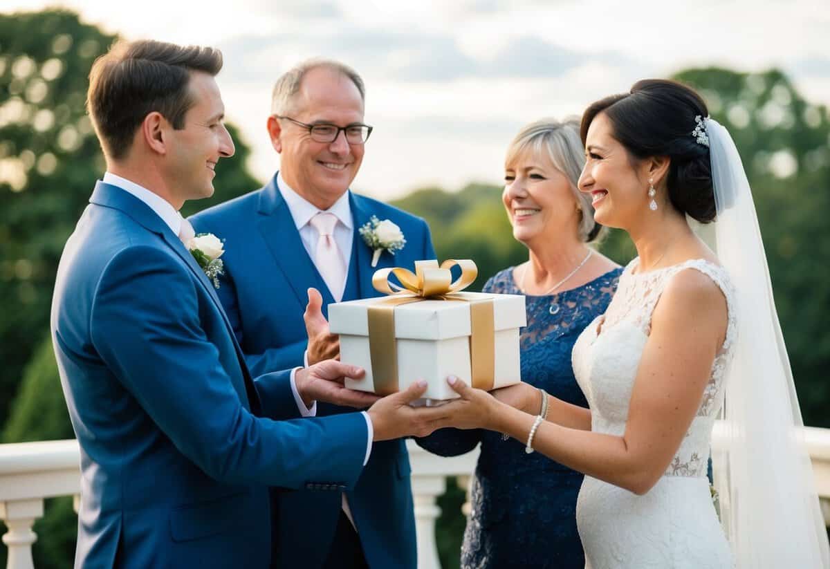 The groom's parents present a gift of financial contribution at the wedding, symbolizing their support and commitment to the couple's future