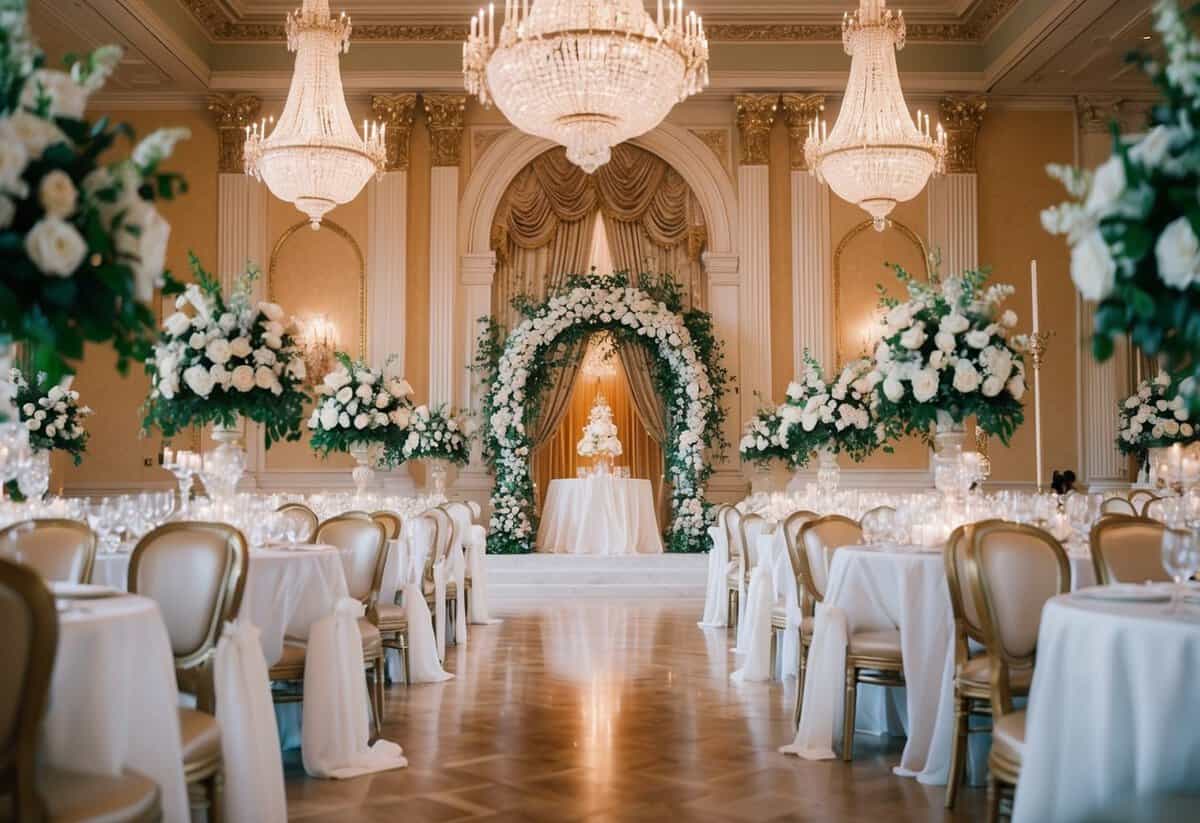 A grand, ornate wedding venue with opulent decor and lavish floral arrangements