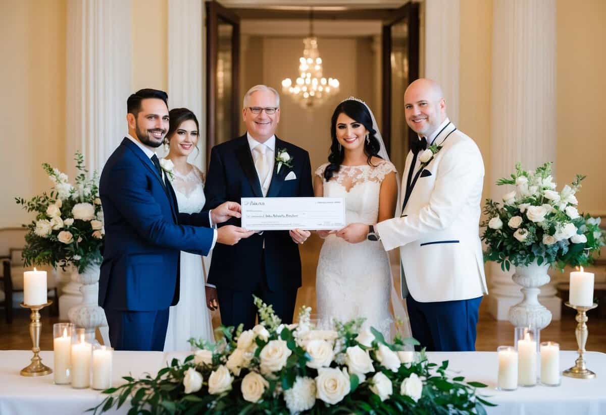 The groom's family presents a check to the couple in a grand hall with elegant decor and a table adorned with flowers and candles